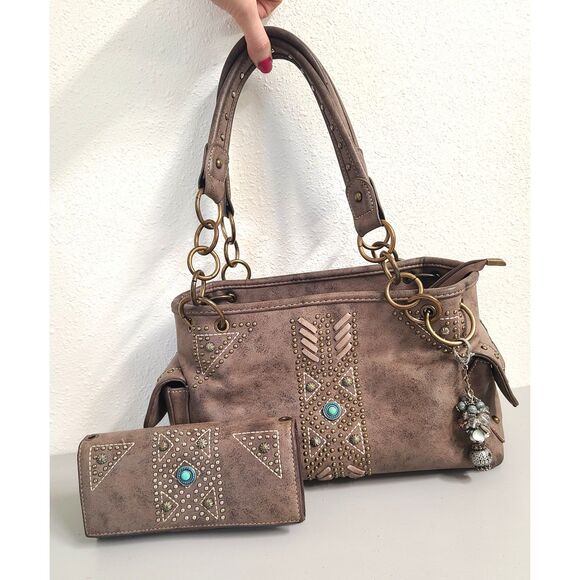Montana West Handbags - Montana West Western Cowgirl Matching Purse Wallet Set Turquoise Studded Charm